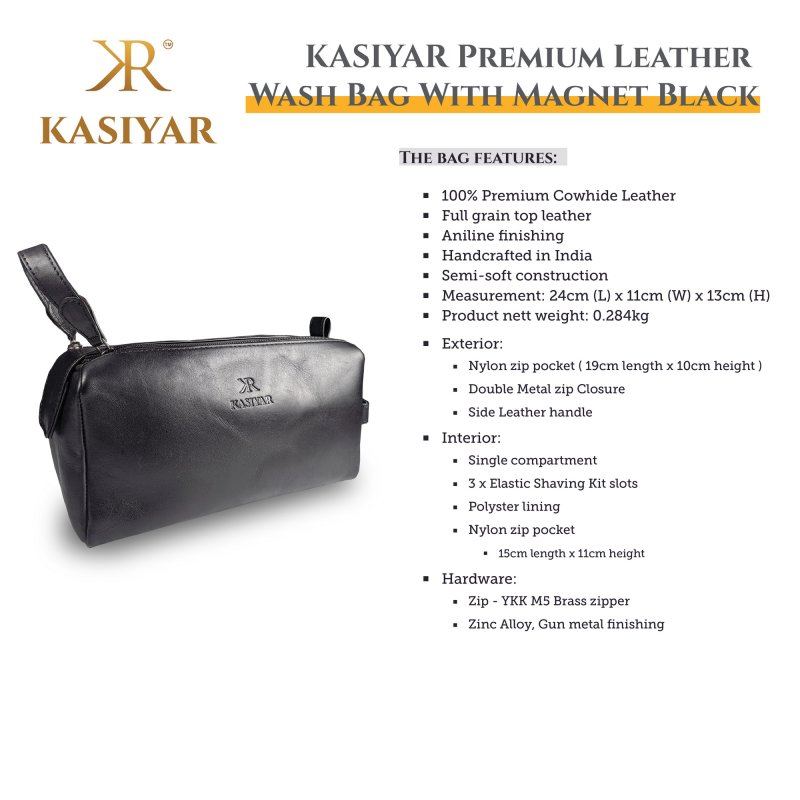 Kasiyar Leather Wash Bag With Magnet Black